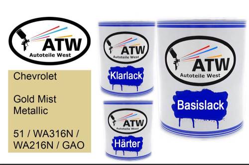 Chevrolet, Gold Mist Metallic, 51 / WA316N / WA216N / GAO: 1L Lackdose + 1L Klarlack + 500ml Härter - Set, von ATW Autoteile West.
